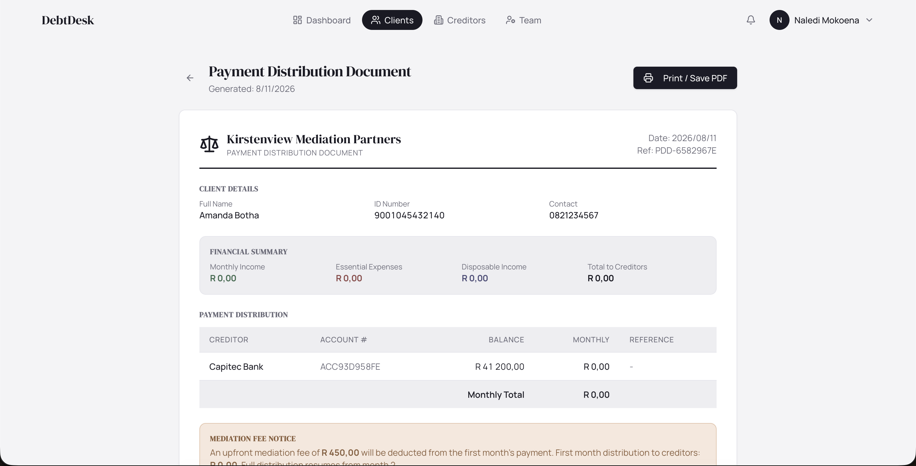 DebtDesk payment distribution document: client details, financial summary, and a per-creditor distribution table